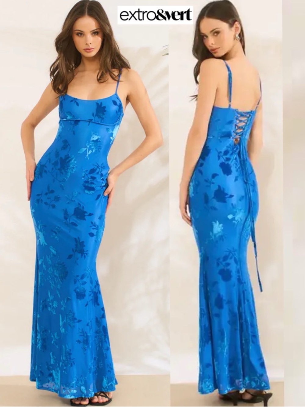 EXTRO&VERT ISABELLA STRAPPY FLORAL BURNOUT MAXI DRESS IN COBALT BLUE 6 NWT